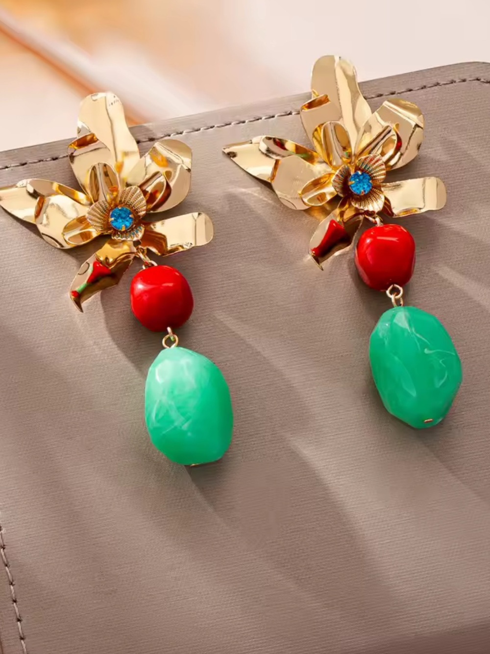 Gold Flower Drop Earrings with Red and Green Accents - Picture 5 of 6
